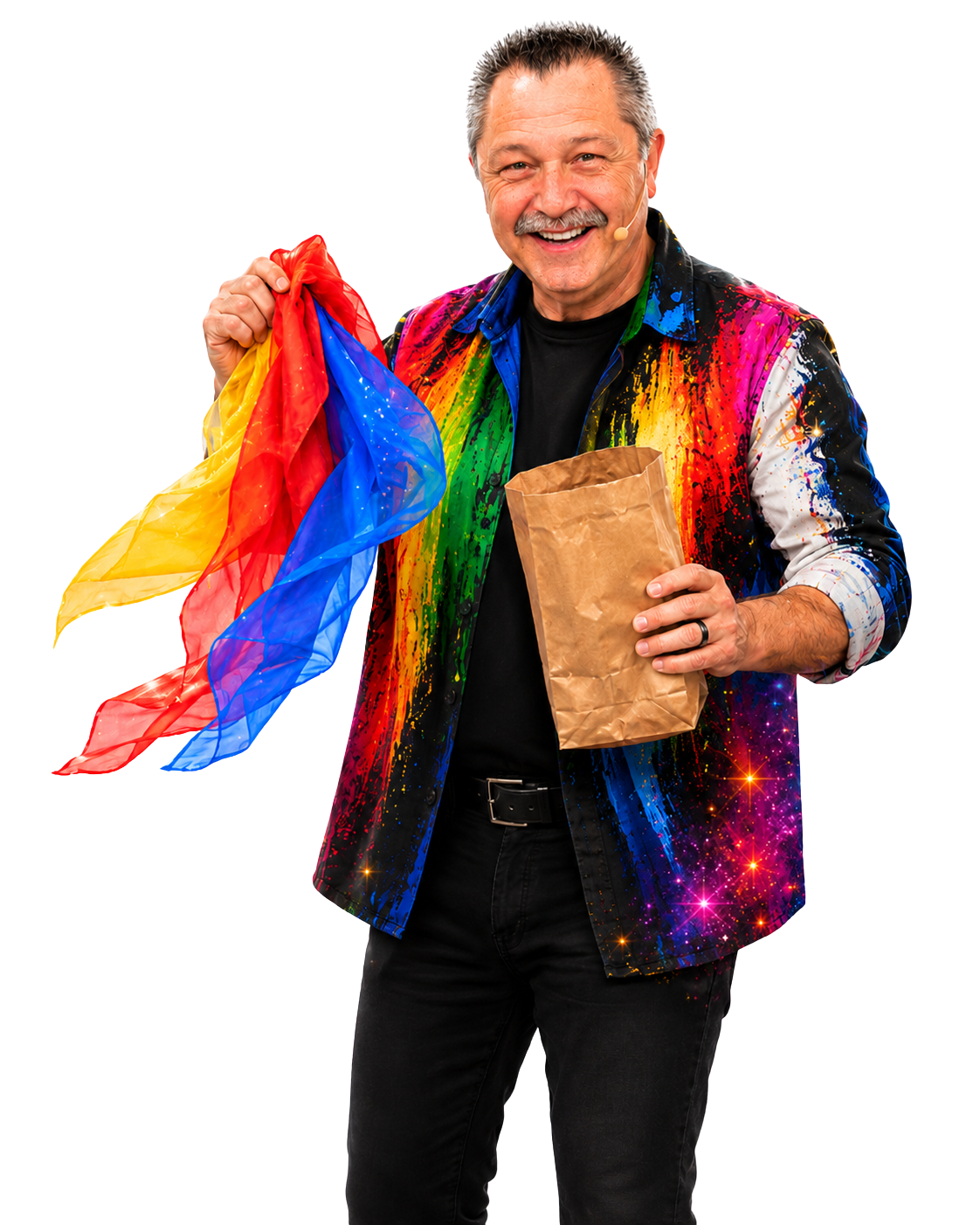 Jay Risner performing with colorful magic silks